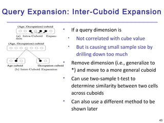 Query Expansion: Inter-Cuboid Expansion 
4433 
 If a query dimension is 
 Not correlated with cube value 
 But is causing small sample size by 
drilling down too much 
 Remove dimension (i.e., generalize to 
*) and move to a more general cuboid 
 Can use two-sample t-test to 
determine similarity between two cells 
across cuboids 
 Can also use a different method to be 
shown later 
 