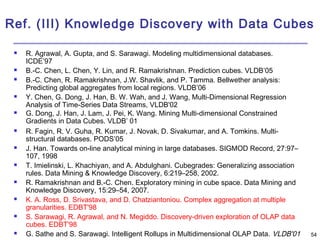 Ref. (III) Knowledge Discovery with Data Cubes 
54 
 R. Agrawal, A. Gupta, and S. Sarawagi. Modeling multidimensional databases. 
ICDE’97 
 B.-C. Chen, L. Chen, Y. Lin, and R. Ramakrishnan. Prediction cubes. VLDB’05 
 B.-C. Chen, R. Ramakrishnan, J.W. Shavlik, and P. Tamma. Bellwether analysis: 
Predicting global aggregates from local regions. VLDB’06 
 Y. Chen, G. Dong, J. Han, B. W. Wah, and J. Wang, Multi-Dimensional Regression 
Analysis of Time-Series Data Streams, VLDB'02 
 G. Dong, J. Han, J. Lam, J. Pei, K. Wang. Mining Multi-dimensional Constrained 
Gradients in Data Cubes. VLDB’ 01 
 R. Fagin, R. V. Guha, R. Kumar, J. Novak, D. Sivakumar, and A. Tomkins. Multi-structural 
databases. PODS’05 
 J. Han. Towards on-line analytical mining in large databases. SIGMOD Record, 27:97– 
107, 1998 
 T. Imielinski, L. Khachiyan, and A. Abdulghani. Cubegrades: Generalizing association 
rules. Data Mining & Knowledge Discovery, 6:219–258, 2002. 
 R. Ramakrishnan and B.-C. Chen. Exploratory mining in cube space. Data Mining and 
Knowledge Discovery, 15:29–54, 2007. 
 K. A. Ross, D. Srivastava, and D. Chatziantoniou. Complex aggregation at multiple 
granularities. EDBT'98 
 S. Sarawagi, R. Agrawal, and N. Megiddo. Discovery-driven exploration of OLAP data 
cubes. EDBT'98 
 G. Sathe and S. Sarawagi. Intelligent Rollups in Multidimensional OLAP Data. VLDB'01 
 