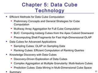 5577 
Chapter 5: Data Cube 
Technology 
 Efficient Methods for Data Cube Computation 
 Preliminary Concepts and General Strategies for Cube 
Computation 
 Multiway Array Aggregation for Full Cube Computation 
 BUC: Computing Iceberg Cubes from the Apex Cuboid Downward 
 Precomputing Shell Fragments for Fast High-Dimensional OLAP 
 Data Cubes for Advanced Applications 
 Sampling Cubes: OLAP on Sampling Data 
 Ranking Cubes: Efficient Computation of Ranking Queries 
 Knowledge Discovery with Data Cubes 
 Discovery-Driven Exploration of Data Cubes 
 Complex Aggregation at Multiple Granularity: Multi-feature Cubes 
 Prediction Cubes: Data Mining in Multi-Dimensional Cube Space 
 Summary 
 