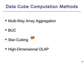 6633 
Data Cube Computation Methods 
 Multi-Way Array Aggregation 
 BUC 
 Star-Cubing 
 High-Dimensional OLAP 
 