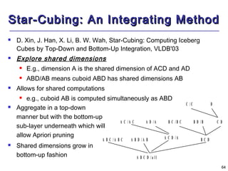 A D / A B D / B C D 
6644 
SSttaarr--CCuubbiinngg:: AAnn IInntteeggrraattiinngg MMeetthhoodd 
 D. Xin, J. Han, X. Li, B. W. Wah, Star-Cubing: Computing Iceberg 
Cubes by Top-Down and Bottom-Up Integration, VLDB'03 
 Explore shared dimensions 
 E.g., dimension A is the shared dimension of ACD and AD 
 ABD/AB means cuboid ABD has shared dimensions AB 
 Allows for shared computations 
 e.g., cuboid AB is computed simultaneously as ABD 
C / C 
A C / A C B C / B C 
A B C / A B C A B D / A B A C D / A B C D 
D 
A B C D / a l l 
 Aggregate in a top-down 
manner but with the bottom-up 
sub-layer underneath which will 
allow Apriori pruning 
 Shared dimensions grow in 
bottom-up fashion 
 