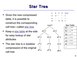 6699 
SSttaarr TTrreeee 
 Given the new compressed 
table, it is possible to 
construct the corresponding 
cell tree—called star tree 
 Keep a star table at the side 
for easy lookup of star 
attributes 
 The star tree is a lossless 
compression of the original 
cell tree 
A B C D Count 
a1 b1 * * 2 
a1 * * * 1 
a2 * c3 d4 2 
 