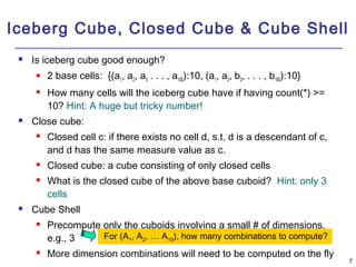 7 
Iceberg Cube, Closed Cube & Cube Shell 
 Is iceberg cube good enough? 
 2 base cells: {(a1, a2, a3 . . . , a100):10, (a1, a2, b3, . . . , b100):10} 
 How many cells will the iceberg cube have if having count(*) >= 
10? Hint: A huge but tricky number! 
 Close cube: 
 Closed cell c: if there exists no cell d, s.t. d is a descendant of c, 
and d has the same measure value as c. 
 Closed cube: a cube consisting of only closed cells 
 What is the closed cube of the above base cuboid? Hint: only 3 
cells 
 Cube Shell 
 Precompute only the cuboids involving a small # of dimensions, 
e.g., 3 
For (A, A, … A), how many combinations to compute? 
1210 More dimension combinations will need to be computed on the fly 
 