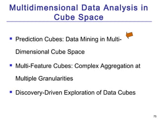 7755 
Multidimensional Data Analysis in 
Cube Space 
 Prediction Cubes: Data Mining in Multi- 
Dimensional Cube Space 
 Multi-Feature Cubes: Complex Aggregation at 
Multiple Granularities 
 Discovery-Driven Exploration of Data Cubes 
 
