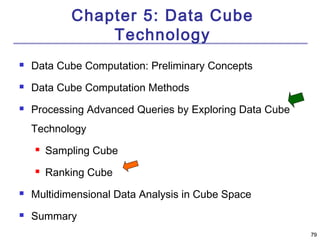 7799 
Chapter 5: Data Cube 
Technology 
 Data Cube Computation: Preliminary Concepts 
 Data Cube Computation Methods 
 Processing Advanced Queries by Exploring Data Cube 
Technology 
 Sampling Cube 
 Ranking Cube 
 Multidimensional Data Analysis in Cube Space 
 Summary 
 
