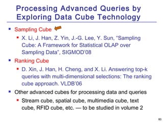 8800 
Processing Advanced Queries by 
Exploring Data Cube Technology 
 Sampling Cube 
 X. Li, J. Han, Z. Yin, J.-G. Lee, Y. Sun, “Sampling 
Cube: A Framework for Statistical OLAP over 
Sampling Data”, SIGMOD’08 
 Ranking Cube 
 D. Xin, J. Han, H. Cheng, and X. Li. Answering top-k 
queries with multi-dimensional selections: The ranking 
cube approach. VLDB’06 
 Other advanced cubes for processing data and queries 
 Stream cube, spatial cube, multimedia cube, text 
cube, RFID cube, etc. — to be studied in volume 2 
 