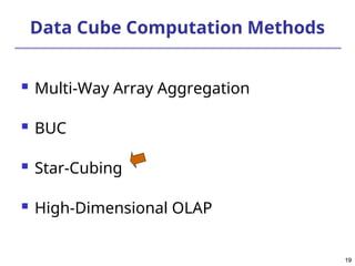 19
19
Data Cube Computation Methods
 Multi-Way Array Aggregation
 BUC
 Star-Cubing
 High-Dimensional OLAP
 