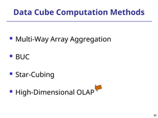 30
30
Data Cube Computation Methods
 Multi-Way Array Aggregation
 BUC
 Star-Cubing
 High-Dimensional OLAP
 