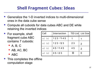 37
37
Shell Fragment Cubes: Ideas
 Generalize the 1-D inverted indices to multi-dimensional
ones in the data cube sense
 Compute all cuboids for data cubes ABC and DE while
retaining the inverted indices
 For example, shell
fragment cube ABC
contains 7 cuboids:
 A, B, C
 AB, AC, BC
 ABC
 This completes the offline
computation stage
1
1
1 2 3 1 4 5
a1 b1
0
4 5 2 3
a2 b2
2
4 5
4 5 1 4 5
a2 b1
2
2 3
1 2 3 2 3
a1 b2
List Size
TID List
Intersection
Cell










 