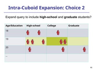 60
60
Intra-Cuboid Expansion: Choice 2
Age/Education High-school College Graduate
18
19
20
…
Expand query to include high-school and graduate students?
 