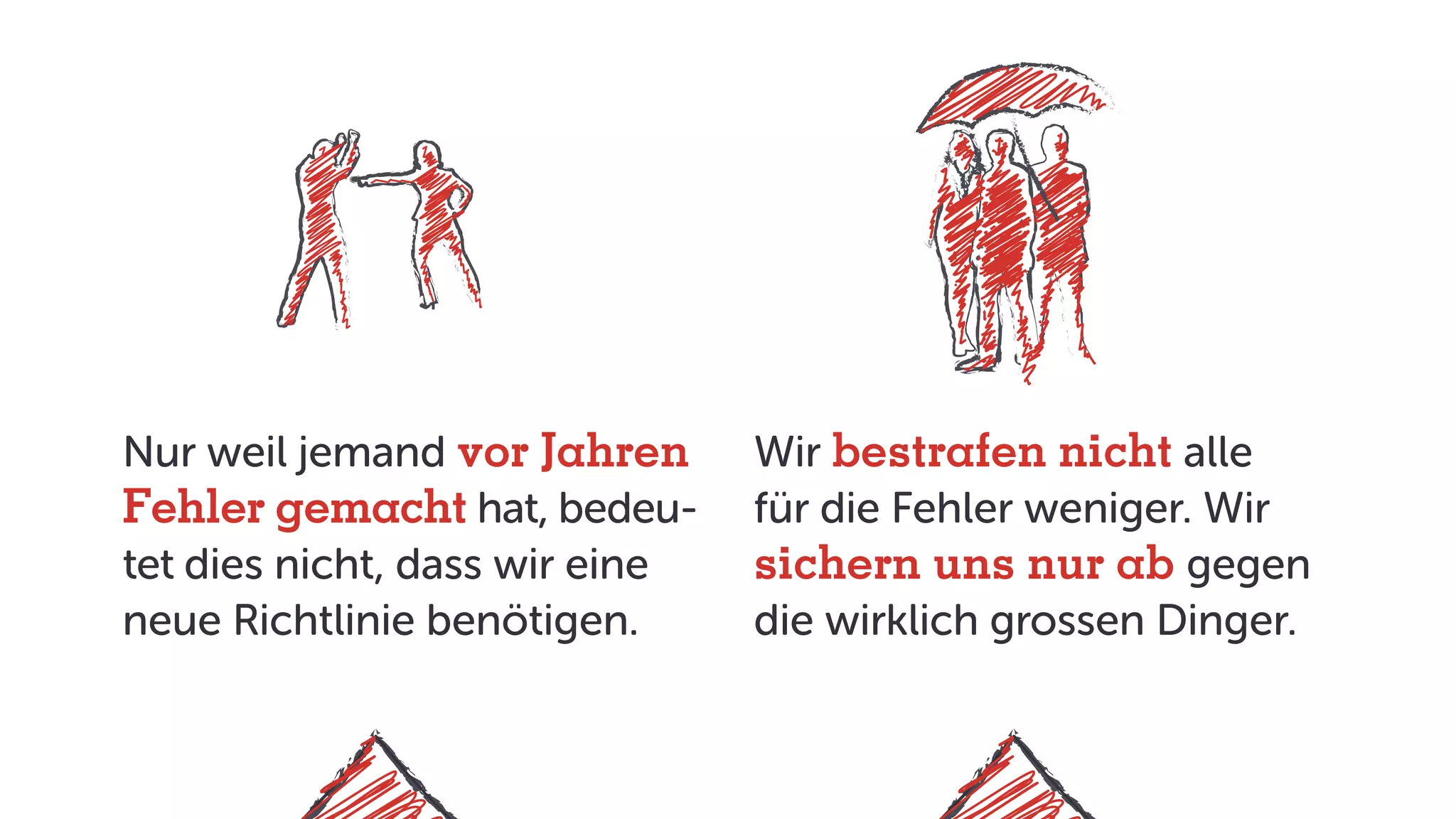 Nur weil jemand vor Jahren
Fehler gemacht hat, bedeu-
tet dies nicht, dass wir eine
neue Richtlinie benötigen.
Wir bestrafen nicht alle
für die Fehler weniger. Wir
sichern uns nur ab gegen
die wirklich grossen Dinger.
 