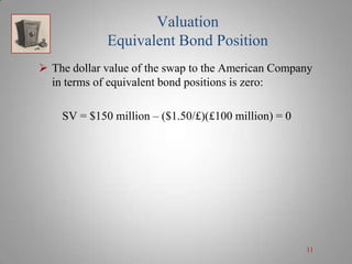 Valuation
Equivalent Bond Position
 The dollar value of the swap to the American Company
in terms of equivalent bond positions is zero:
SV = $150 million – ($1.50/£)(£100 million) = 0

11

 