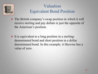 Valuation
Equivalent Bond Position
 The British company’s swap position in which it will
receive sterling and pay dollars is just the opposite of
the American’s position.
 It is equivalent to a long position in a sterlingdenominated bond and short position in a dollar
denominated bond. In this example, it likewise has a
value of zero.

12

 