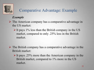 Comparative Advantage: Example
Example
 The American company has a comparative advantage in
the US market:
 It pays 1% less than the British company in the US
market, compared to only .25% less in the British
market.
 The British company has a comparative advantage in the
British market:
 It pays .25% more than the American company in the
British market, compared to 1% more in the US
market.
22

 