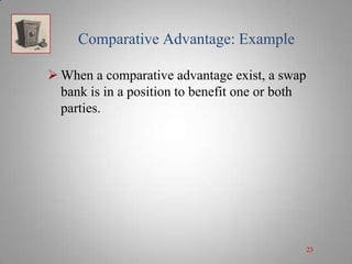 Comparative Advantage: Example
 When a comparative advantage exist, a swap
bank is in a position to benefit one or both
parties.

23

 