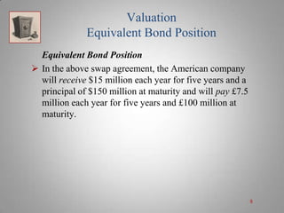 Valuation
Equivalent Bond Position
Equivalent Bond Position
 In the above swap agreement, the American company
will receive $15 million each year for five years and a
principal of $150 million at maturity and will pay £7.5
million each year for five years and £100 million at
maturity.

8

 