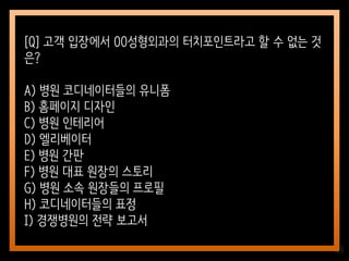 123
[Q] 고객 입장에서 OO성형외과의 터치포인트라고 할 수 없는 것
은?
A) 병원 코디네이터들의 유니폼
B) 홈페이지 디자인
C) 병원 인테리어
D) 엘리베이터
E) 병원 간판
F) 병원 대표 원장의 스토리
G) 병원 소속 원장들의 프로필
H) 코디네이터들의 표정
I) 경쟁병원의 전략 보고서
 