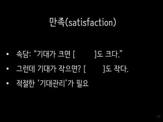 49
• 속담: “기대가 크면 [ ]도 크다.”
• 그런데 기대가 작으면? [ ]도 작다.
• 적절한 ‘기대관리’가 필요
만족(satisfaction)
 
