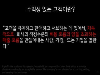 73
“고객을 유치하고 판매하고 서브하는 데 있어서, 지속
적으로 회사의 적정수준의 비용 흐름의 양을 초과하는
매출 흐름을 만들어내는 사람, 가정, 또는 기업을 말한
다.”
수익성 있는 고객이란?
A profitable customer is a person, household, or company that over time yields a revenue
stream exceeding by an acceptable amount the company’s cost stream for attracting, selling,
and serving that customer
 