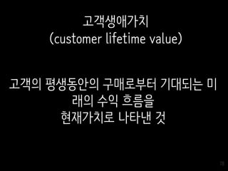 78
고객의 평생동안의 구매로부터 기대되는 미
래의 수익 흐름을
현재가치로 나타낸 것
고객생애가치
(customer lifetime value)
 