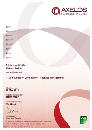 Richard Bullock
ITIL® Foundation Certiﬁcate in IT Service Management
29 May 2014
TU30927267
00054160
David Clarke
Group Chief Executive
Check the authenticity of this certiﬁcate at http://www.bcs.org/eCertCheck
 