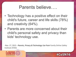 Parents believe….
• Technology has a positive effect on their
child's future, career and life skills (78%)
and creativity (64%).
• Parents are more concerned about their
child's personal safety and privacy than
kids' technology use.
-Nov. 17, 2015 - Parents, Privacy & Technology Use from Family Online Safety
Institute (FOSI)
 