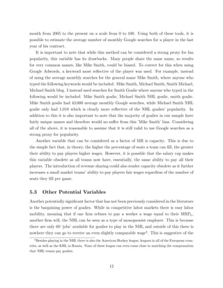 month from 2005 to the present on a scale from 0 to 100. Using both of these tools, it is
possible to estimate the average number of monthly Google searches for a player in the last
year of his contract.
It is important to note that while this method can be considered a strong proxy for fan
popularity, this variable has its drawbacks. Many people share the same name, so results
for very common names, like Mike Smith, could be biased. To correct for this when using
Google Adwords, a keyword most reﬂective of the player was used. For example, instead
of using the average monthly searches for the general name Mike Smith, where anyone who
typed the following keywords would be included: Mike Smith, Michael Smith, Smith Michael,
Michael Smith blog. I instead used searches for Smith Goalie where anyone who typed in the
following would be included: Mike Smith goalie, Michael Smith NHL goalie, smith goalie.
Mike Smith goalie had 43,000 average monthly Google searches, while Michael Smith NHL
goalie only had 1,010 which is clearly more reﬂective of the NHL goalies’ popularity. In
addition to this it is also important to note that the majority of goalies in our sample have
fairly unique names and therefore would no su↵er from this ’Mike Smith’ bias. Considering
all of the above, it is reasonable to assume that it is still valid to use Google searches as a
strong proxy for popularity.
Another variable that can be considered as a factor of MR is capacity. This is due to
the simple fact that, in theory, the higher the percentage of seats a team can ﬁll, the greater
their ability to pay players higher wages. However, it is possible that the salary cap makes
this variable obsolete as all teams now have, essentially, the same ability to pay all their
players. The introduction of revenue sharing could also render capacity obsolete as it further
increases a small market teams’ ability to pay players fair wages regardless of the number of
seats they ﬁll per game.
5.3 Other Potential Variables
Another potentially signiﬁcant factor that has not been previously considered in the literature
is the bargaining power of goalies. While in competitive labor markets there is easy labor
mobility, meaning that if one ﬁrm refuses to pay a worker a wage equal to their MRPL,
another ﬁrm will, the NHL can be seen as a type of monopsonist employer. This is because
there are only 60 ‘jobs’ available for goalies to play in the NHL and outside of this there is
nowhere they can go to receive an even slightly comparable wage4
. This is suggestive of the
4
Besides playing in the NHL there is also the American Hockey league, leagues in all of the European coun-
tries, as well as the KHL in Russia. None of these league can even come close to matching the compensation
that NHL teams pay goalies.
12
 