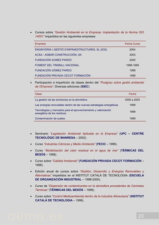 23
 Cursos sobre “Gestión Ambiental en la Empresa: Implantación de la Norma ISO
14001” impartidos en las siguientes empresas:
Empresa Fecha Curso
ENGINYERIA I GESTIÓ D’INFRAESTRUCTURES, SL (EGI) 2004
ACSA - AGBAR CONSTRUCCIÓN, SA 2003
FUNDACIÓN GOMEZ PARDO 2000
FOMENT DEL TREBALL NACIONAL 1998-1999
FUNDACIÓN GÓMEZ PARDO 1998
FUNDACIÓN PRIVADA CECOT FORMACIÓN 1998
 Participación e impartición de clases dentro del “Postgrau sobre gestió ambiental
de l’Empresa”. Diversas ediciones (IDEC)
Clase Fecha
La gestión de las emisiones en la atmósfera 2000 a 2003
Las energías renovables dentro de las nuevas estrategias energéticas 1999
Tecnologías y mercados para el aprovechamiento y valorización
energética de los residuos
1999
Contaminación de suelos 1999
 Seminario “Legislación Ambiental Aplicada en la Empresa” (UPC – CENTRE
TECNOLÒGIC DE MANRESA – 2002).
 Curso “Industrias Cárnicas y Medio Ambiente” (FECIC – 1999).
 Curso “Modelización del calor residual en el agua de mar” (TÉRMICAS DEL
BESÓS – 1998).
 Curso sobre “Calidad Ambiental” (FUNDACIÓN PRIVADA CECOT FORMACIÓN –
1998).
 Edición anual de cursos sobre “Gestión, Desarrollo y Energías Renovables y
Alternativas” impartidos en el INSTITUT CATALÀ DE TECNOLOGIA (ESCUELA
DE ORGANIZACIÓN INDUSTRIAL – 1998-2000).
 Curso de “Dispersión de contaminantes en la atmósfera procedentes de Centrales
Térmicas” (TÉRMICAS DEL BESÓS – 1998).
 Curso sobre “Control Medioambiental dentro de la Industria Alimentaria” (INSTITUT
CATALÀ DE TECNOLOGIA – 1998).
 