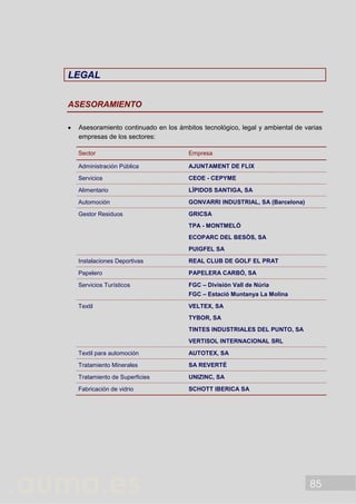 85
LLEEGGAALL
ASESORAMIENTO
 Asesoramiento continuado en los ámbitos tecnológico, legal y ambiental de varias
empresas de los sectores:
Sector Empresa
Administración Pública AJUNTAMENT DE FLIX
Servicios CEOE - CEPYME
Alimentario LÍPIDOS SANTIGA, SA
Automoción GONVARRI INDUSTRIAL, SA (Barcelona)
Gestor Residuos GRICSA
TPA - MONTMELÓ
ECOPARC DEL BESÒS, SA
PUIGFEL SA
Instalaciones Deportivas REAL CLUB DE GOLF EL PRAT
Papelero PAPELERA CARBÓ, SA
Servicios Turísticos FGC – División Vall de Núria
FGC – Estació Muntanya La Molina
Textil VELTEX, SA
TYBOR, SA
TINTES INDUSTRIALES DEL PUNTO, SA
VERTISOL INTERNACIONAL SRL
Textil para automoción AUTOTEX, SA
Tratamiento Minerales SA REVERTÉ
Tratamiento de Superficies UNIZINC, SA
Fabricación de vidrio SCHOTT IBERICA SA
 