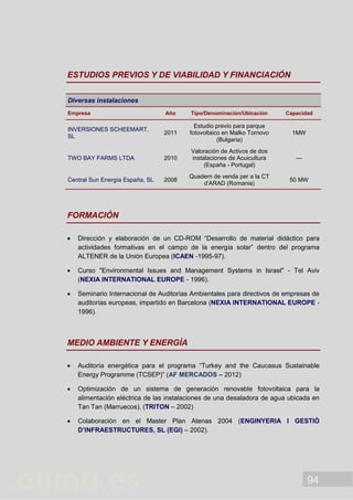 94
ESTUDIOS PREVIOS Y DE VIABILIDAD Y FINANCIACIÓN
Diversas instalaciones
Empresa Año Tipo/Denominación/Ubicación Capacidad
INVERSIONES SCHEEMART,
SL
2011
Estudio previo para parque
fotovoltaico en Malko Tornovo
(Bulgaria)
1MW
TWO BAY FARMS LTDA 2010
Valoración de Activos de dos
instalaciones de Acuicultura
(España - Portugal)
---
Central Sun Energía España, SL 2008
Quadern de venda per a la CT
d’ARAD (Romania)
50 MW
FORMACIÓN
 Dirección y elaboración de un CD-ROM “Desarrollo de material didáctico para
actividades formativas en el campo de la energía solar” dentro del programa
ALTENER de la Unión Europea (ICAEN -1995-97).
 Curso "Environmental Issues and Management Systems in Israel" - Tel Aviv
(NEXIA INTERNATIONAL EUROPE - 1996).
 Seminario Internacional de Auditorías Ambientales para directivos de empresas de
auditorías europeas, impartido en Barcelona (NEXIA INTERNATIONAL EUROPE -
1996).
MEDIO AMBIENTE Y ENERGÍA
 Auditoría energética para el programa “Turkey and the Caucasus Sustainable
Energy Programme (TCSEP)” (AF MERCADOS – 2012)
 Optimización de un sistema de generación renovable fotovoltaica para la
alimentación eléctrica de las instalaciones de una desaladora de agua ubicada en
Tan Tan (Marruecos), (TRITON – 2002)
 Colaboración en el Master Plan Atenas 2004 (ENGINYERIA I GESTIÓ
D’INFRAESTRUCTURES, SL (EGI) – 2002).
 