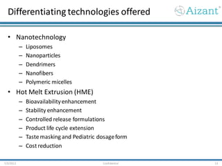 Differentiating technologies offered
• Nanotechnology
– Liposomes
– Nanoparticles
– Dendrimers
– Nanofibers
– Polymeric micelles
• Hot Melt Extrusion (HME)
– Bioavailabilityenhancement
– Stability enhancement
– Controlled release formulations
– Product life cycle extension
– Tastemasking and Pediatric dosageform
– Costreduction
7/3/2012 Confidential 13
 