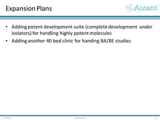 ExpansionPlans
• Adding potent development suite (completedevelopment under
isolators) for handling highly potent molecules
• Adding another 40 bed clinic for handing BA/BE studies
7/3/2012 Confidential 28
 