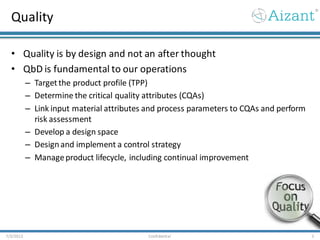 Quality
• Quality is by design and not an after thought
• QbD is fundamental to our operations
– Targetthe product profile (TPP)
– Determine the critical quality attributes (CQAs)
– Link input material attributes and process parameters to CQAs and perform
risk assessment
– Develop a design space
– Designand implement a control strategy
– Manageproduct lifecycle, including continual improvement
7/3/2012 Confidential 5
 