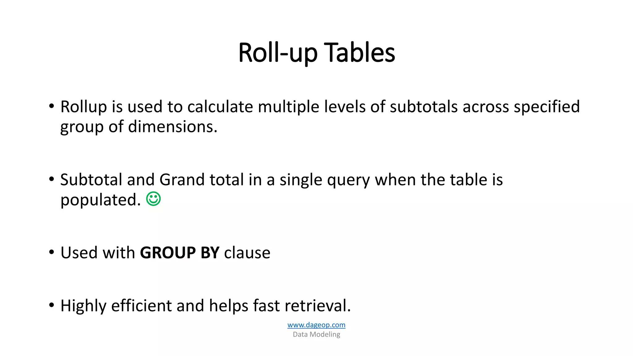 Roll-up Tables
• Rollup is used to calculate multiple levels of subtotals across specified
group of dimensions.
• Subtotal and Grand total in a single query when the table is
populated. 
• Used with GROUP BY clause
• Highly efficient and helps fast retrieval.
www.dageop.com
Data Modeling
 