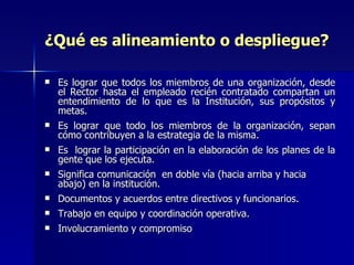 ¿Qué es alineamiento o despliegue? Es lograr que todos los miembros de una organización, desde el Rector hasta el empleado recién contratado compartan un entendimiento de lo que es la Institución, sus propósitos y metas. Es lograr que todo los miembros de la organización, sepan cómo contribuyen a la estrategia de la misma. Es  lograr la participación en la elaboración de los planes de la gente que los ejecuta. Significa comunicación  en doble vía (hacia arriba y hacia abajo) en la institución. Documentos y acuerdos entre directivos y funcionarios. Trabajo en equipo y coordinación operativa. Involucramiento y compromiso 