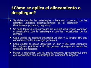 ¿Cómo se aplica el alineamiento o despliegue? Se debe vincular las estrategias y balanced scorecard con las distintas unidades organizacionales de la institución  (funcionales, procesos, negocios). Se debe lograr que los procesos de la institución tengan conexión y consistencia con la estrategia y con las necesidades de los clientes. Cada unidad de negocio desarrolla un plan y su propio BSC que concuerde con las estrategia generales. Cada unidad de apoyo desarrolla un plan y BSC para compartir las mejores prácticas a fin de generar sinergias en todas las unidades de negocios Planes y relaciones con los socios externos (proveedores) para que concuerden con la estrategia de la unidad de negocio 