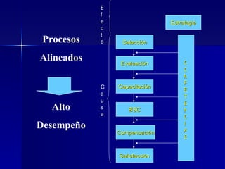 Procesos Alineados Alto Desempeño Estrategia Evaluación Selección Satisfacción Capacitación Compensación BSC Causa COMPETENCIAS Efecto 