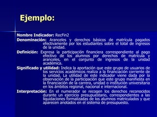 Nombre Indicador:  RecFin2 Denominación:  Aranceles y derechos básicos de matrícula pagados efectivamente por los estudiantes sobre el total de ingresos de la unidad. Definición:  Expresa la participación financiera correspondiente al pago efectivo de los alumnos por derechos de matrícula y aranceles, en el conjunto de ingresos de la unidad académica. Significado y utilidad:  Indica la aportación que este grupo de usuarios de los servicios académicos realiza a la financiación corriente de la unidad. La utilidad de este indicador viene dada por la observación de la participación que este grupo manifiesta en la financiación de la carrera, unidad o institución universitaria en los ámbitos regional, nacional e internacional. Interpretación:  En el numerador se recogen los derechos reconocidos durante un ejercicio presupuestario, correspondientes a las liquidaciones formalizadas de los alumnos matriculados y que aparecen anotados en el sistema de presupuesto.  Ejemplo: 
