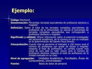 Ejemplo: Código:  RecHum2_ Denominación:  Porcentaje Jornadas equivalentes de profesores doctores o magíster. Definición:  Sobre el total de las jornadas completas equivalentes de profesores de la Universidad, se calcula el porcentaje de jornadas completas equivalentes que corresponden a profesores doctores o magíster. Significado y utilidad:  Ofrece información sobre el potencial investigador del personal académico, de la manera en que es evaluado en la determinación del Aporte Fiscal Directo. Interpretación:  Cuanto más se aproxime el indicador a 100 mayor será el número de profesores con grado de doctor o magíster respecto al total de profesores; en cambio cuanto más cerca de cero esté su valor menor será el número de profesores doctores respecto al total de profesores de la unidad evaluada en su caso. Nivel de agregación: Unidades Académicas, Facultades, Áreas de Conocimiento, Universidades Fuente:   Bases de datos de personal 