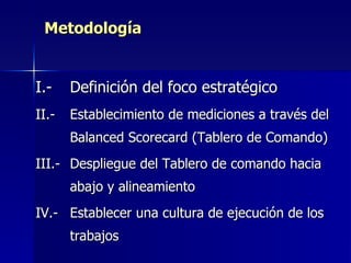 Metodología I.- Definición del foco estratégico II.- Establecimiento de mediciones a través del Balanced Scorecard (Tablero de Comando) III.- Despliegue del Tablero de comando hacia abajo y alineamiento IV.- Establecer una cultura de ejecución de los trabajos 