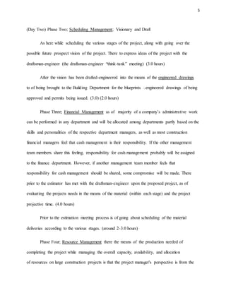 5
(Day Two) Phase Two; Scheduling Management; Visionary and Draft
As here while scheduling the various stages of the project, along with going over the
possible future prospect vision of the project. There to express ideas of the project with the
draftsman-engineer (the draftsman-engineer “think-tank” meeting) (3.0 hours)
After the vision has been drafted-engineered into the means of the engineered drawings
to of being brought to the Building Department for the blueprints –engineered drawings of being
approved and permits being issued. (3.0) (2.0 hours)
Phase Three; Financial Management as of majority of a company’s administrative work
can be performed in any department and will be allocated among departments partly based on the
skills and personalities of the respective department managers, as well as most construction
financial managers feel that cash management is their responsibility. If the other management
team members share this feeling, responsibility for cash management probably will be assigned
to the finance department. However, if another management team member feels that
responsibility for cash management should be shared, some compromise will be made. There
prior to the estimator has met with the draftsman-engineer upon the proposed project, as of
evaluating the projects needs in the means of the material (within each stage) and the project
projective time. (4.0 hours)
Prior to the estimation meeting process is of going about scheduling of the material
deliveries according to the various stages. (around 2-3.0 hours)
Phase Four; Resource Management there the means of the production needed of
completing the project while managing the overall capacity, availability, and allocation
of resources on large construction projects is that the project manager's perspective is from the
 