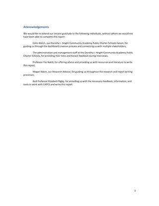  
	
  
3	
  
Acknowledgements	
  
	
  
We	
  would	
  like	
  to	
  extend	
  our	
  sincere	
  gratitude	
  to	
  the	
  following	
  individuals,	
  without	
  whom	
  we	
  would	
  not	
  
have	
  been	
  able	
  to	
  complete	
  this	
  report:	
  
	
  
	
  	
  	
  	
  	
  	
  	
  	
  	
   Colin	
  Welch,	
  our	
  Dorothy	
  I.	
  Height	
  Community	
  Academy	
  Public	
  Charter	
  Schools	
  liaison,	
  for	
  
guiding	
  us	
  through	
  the	
  dashboard	
  creation	
  process	
  and	
  connecting	
  us	
  with	
  multiple	
  stakeholders;	
  
	
  
	
  	
  	
  	
  	
  	
  	
  	
  	
   The	
  administration	
  and	
  management	
  staff	
  at	
  the	
  Dorothy	
  I.	
  Height	
  Community	
  Academy	
  Public	
  
Charter	
  Schools,	
  for	
  providing	
  their	
  time	
  and	
  honest	
  feedback	
  during	
  interviews;	
  
	
  
	
  	
  	
  	
  	
  	
  	
  	
  	
   Professor	
  Yas	
  Nakib,	
  for	
  offering	
  advice	
  and	
  providing	
  us	
  with	
  resources	
  and	
  literature	
  to	
  write	
  
this	
  report;	
  
	
  
	
  	
  	
  	
  	
  	
  	
  	
  	
   Megan	
  Hatch,	
  our	
  Research	
  Advisor,	
  for	
  guiding	
  us	
  throughout	
  the	
  research	
  and	
  report	
  writing	
  
processes;	
  
	
  
	
  	
  	
  	
  	
  	
  	
  	
  	
   And	
  Professor	
  Elizabeth	
  Rigby,	
  for	
  providing	
  us	
  with	
  the	
  necessary	
  feedback,	
  information,	
  and	
  
tools	
  to	
  work	
  with	
  CAPCS	
  and	
  write	
  this	
  report.	
  
 