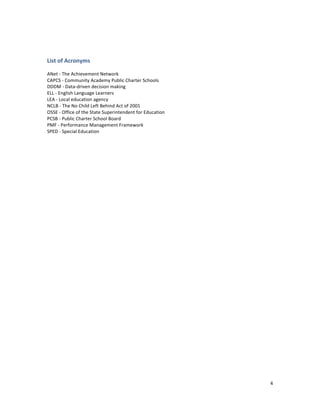  
	
  
4	
  
	
  
List	
  of	
  Acronyms	
  
	
  
ANet	
  -­‐	
  The	
  Achievement	
  Network	
  
CAPCS	
  -­‐	
  Community	
  Academy	
  Public	
  Charter	
  Schools	
  	
  
DDDM	
  -­‐	
  Data-­‐driven	
  decision	
  making	
  
ELL	
  -­‐	
  English	
  Language	
  Learners	
  
LEA	
  -­‐	
  Local	
  education	
  agency	
  
NCLB	
  -­‐	
  The	
  No	
  Child	
  Left	
  Behind	
  Act	
  of	
  2001	
  
OSSE	
  -­‐	
  Office	
  of	
  the	
  State	
  Superintendent	
  for	
  Education	
  
PCSB	
  -­‐	
  Public	
  Charter	
  School	
  Board	
  
PMF	
  -­‐	
  Performance	
  Management	
  Framework	
  
SPED	
  -­‐	
  Special	
  Education	
  
	
  
 