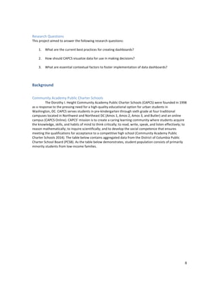  
	
  
8	
  
	
  
Research	
  Questions	
  
This	
  project	
  aimed	
  to	
  answer	
  the	
  following	
  research	
  questions:	
  
	
  	
  
1. What	
  are	
  the	
  current	
  best	
  practices	
  for	
  creating	
  dashboards?	
  
	
  
2. How	
  should	
  CAPCS	
  visualize	
  data	
  for	
  use	
  in	
  making	
  decisions?	
  
	
  
3. What	
  are	
  essential	
  contextual	
  factors	
  to	
  foster	
  implementation	
  of	
  data	
  dashboards?	
  
	
  
Background	
  
	
  
Community	
  Academy	
  Public	
  Charter	
  Schools	
  
	
  	
   The	
  Dorothy	
  I.	
  Height	
  Community	
  Academy	
  Public	
  Charter	
  Schools	
  (CAPCS)	
  were	
  founded	
  in	
  1998	
  
as	
  a	
  response	
  to	
  the	
  pressing	
  need	
  for	
  a	
  high-­‐quality	
  educational	
  option	
  for	
  urban	
  students	
  in	
  
Washington,	
  DC.	
  CAPCS	
  serves	
  students	
  in	
  pre-­‐kindergarten	
  through	
  sixth	
  grade	
  at	
  four	
  traditional	
  
campuses	
  located	
  in	
  Northwest	
  and	
  Northeast	
  DC	
  (Amos	
  1,	
  Amos	
  2,	
  Amos	
  3,	
  and	
  Butler)	
  and	
  an	
  online	
  
campus	
  (CAPCS	
  Online).	
  CAPCS’	
  mission	
  is	
  to	
  create	
  a	
  caring	
  learning	
  community	
  where	
  students	
  acquire	
  
the	
  knowledge,	
  skills,	
  and	
  habits	
  of	
  mind	
  to	
  think	
  critically;	
  to	
  read,	
  write,	
  speak,	
  and	
  listen	
  effectively;	
  to	
  
reason	
  mathematically;	
  to	
  inquire	
  scientifically;	
  and	
  to	
  develop	
  the	
  social	
  competence	
  that	
  ensures	
  
meeting	
  the	
  qualifications	
  for	
  acceptance	
  to	
  a	
  competitive	
  high	
  school	
  (Community	
  Academy	
  Public	
  
Charter	
  Schools	
  2014).	
  The	
  table	
  below	
  contains	
  aggregated	
  data	
  from	
  the	
  District	
  of	
  Columbia	
  Public	
  
Charter	
  School	
  Board	
  (PCSB).	
  As	
  the	
  table	
  below	
  demonstrates,	
  student	
  population	
  consists	
  of	
  primarily	
  
minority	
  students	
  from	
  low-­‐income	
  families.	
  	
  
	
  
 