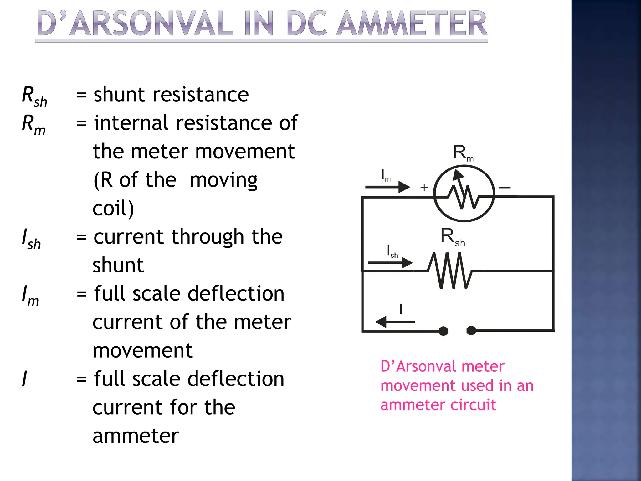 Rsh = shunt resistance
Rm = internal resistance of
the meter movement
(R of the moving
coil)
Ish = current through the
shunt
Im = full scale deflection
current of the meter
movement
I = full scale deflection
current for the
ammeter
D’Arsonval meter
movement used in an
ammeter circuit
 