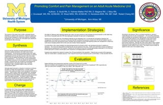 Promoting Comfort and Pain Management on an Adult Acute Medicine Unit
Authors: S. Budd RN, S. Holmes-Walker PhD RN, D. Magiera RN, J. Bitoy RN,
J. Grunawalt MS, RN, GCNS-BC, W. Wood MSN, RN, ACNS-BC, S. Kendziora BSN, RN, 6B1 Staff, Robert Chang MD
“University of Michigan, Ann Arbor, MI
Purpose
Synthesis
Change
Implementation Strategies
Evaluation
Significance
The purpose of the project was to better understand factors
impacting our patients’ pain experience; implement patient and
nurse focused strategies for improving a patients comfort/pain
management; and to improve the units patient pain satisfaction
scores attained after discharge.
Over the past few decades increased emphasis has been
directed on patients perception and relief of pain during
hospitalization. Governing and accrediting bodies over health
care institutions survey and address many aspects of a patients
hospitalization and the care they received. One of the many
areas include the patients perception and relief of pain during
the hospitalization1,2. Poor pain control, during hospitalization,
has untoward outcomes to not only patients but also to hospitals
at large. Unrelieved pain can contribute to physiological and
emotional distress, decreased quality of life, increased
readmission rates, increased lengths of stay, and lower
reimbursement rates2,3.
Although patient education is required in training an continuing
education of health care professionals, a number of gaps
remain in the quality and safety of pain management provided to
patients. These include; health care professionals knowledge
and perceptions regarding pain management, communication
amongst providers and patients, setting achievable pain/comfort
goals, and patient education. To achieve a goal of better
pain/comfort management and patient satisfaction, healthcare
professionals must close the gaps and ensure patients are
active partners in their pain/comfort management plan.
We began by gathering data regarding patients pain history and pain experience while admitted and found that 84% (n=49) stated they
had chronic or persistent pain and 78% were taking pain medication for pain prior to hospitalization.
Nurses on the unit were given the “Knowledge & Attitudes Survey Regarding Pain”4 to evaluate their perceptions regarding pain
management. The results from the survey (n=25) were that 68% answered the questions correctly and 72% felt their ability to care for
patients with chronic pain was good/very good. Education was provided to nursing staff regarding quality pain management to dispel any
myths about managing patients with chronic pain and complex medical diagnoses.
A Comfort Menu (CM), listing available non-pharmacological items to promote comfort, was developed and given to patients on
admission. The nurse was responsible for explaining the use and purpose of the menu. Audits were performed to ensure compliance in
distributing and explaining the CM to patients. Results from the audits we found the CM was appropriately distributed 91.3% of the time.
Emails were sent to nurses to remind them of the importance of managing patient’s comfort/pain.
Feedback was collected from patients to assess if the CM was beneficial to this population. Patients were surveyed of the responses:
“Was the Comfort Menu a valuable resource” (n=81) Yes=91% No=2% and I have/will use the “Comfort Menu” (n=83) Yes=90% N0=4%
In September 2014 Press Ganey patient satisfaction pain
scores on 6B, an Internal Medicine Unit, were well below
University of Michigan Health System (UMHS) standards. A
team of nurses on the unit conducted a quality improvement
(QI) project to assess the knowledge and attitude regarding pain
for nurses on the unit and address comfort/ pain management
for patients on the unit.
Patient discharge card questionnaire responses January 2015-August 2015 (n=263):
“Were you included in the management of your pain/comfort plan of care while you were hospitalized?” 98% responded yes
“Was your pain/comfort managed to meet your needs?” 96% responded yes
According to the literature, there is increased emphasis on utilizing a
multimodal approach for pain management(3). This unit utilized assessing
staffs knowledge and perceptions regarding pain, providing staff education,
and partnering with patients in the management of their pain/comfort.
According to the responses from the discharge questionnaire, these
combined interventions have made a positive impact on patients
pain/comfort experience. Although the Press Ganey data is highly variable,
there has also been significant and continual improvement in units patient
satisfaction scores related to pain control. This project could be readily be
applied to other units in the inpatient setting.
References
1. Gupta, A., Daigle, S., Mojica, J & Hurley, R. (2009). Patient perception of pain care in hospitals in the United States. Journal of Pain
Research, 2, 157-164.
2. Jarrett, A., Fancher-Gonzalez, K., Lofton, A. (2013). Nurses’ Knowledge and Attitudes About Pain in Hospitalized Patients. Clinical
Nurse Specialist 27(2):81-7
3. Polomano, R. C., Dunwoody, C. J., Krenzischek, D. A. (2008). Perspective on Pain Management in the 21st Century. Pain
Management Nursing, 9 (1) S3-S10.
4. Knowledge and Attitudes Survey Regarding Pain” developed by Betty Ferrell, RN, PhD, FAAN and Margo McCaffery, RN,MS, FAAN,
(http://prc.coh.org), revised 2008
5. Schreiber, J. A., Cantrell, D., Moe, K. A., Jeanine, H., McKinney., Lewis, P. C., Weir, A. (20014). Improving Knowledge, Assessment,
and Attitudes Related to Pain management: Evaluation of an Intervention. Pain Management Nursing 15 (2) 474-481.
6. “Arnstein, P. (2010). Clinical coach for effective pain management, F.A. Davis: Philadelphia.
82.8
81.4
83.3
82.3 82.6
81.5 81.2 80.9 80.9
83.0 83.2
85.2
75.0
66.7
93.8
75.0
90.0
78.9
86.1
82.1
87.5
95.0
81.3
87.5
50.0
55.0
60.0
65.0
70.0
75.0
80.0
85.0
90.0
95.0
100.0
Aug-14 Sep-14 Oct-14 Nov-14 Dec-14 Jan-15 Feb-15 Mar-15 Apr-15 May-15 Jun-15 Jul-15
UH 6B1 "How Well Your Pain Was Controlled"
12 Month Moving Average vs. Monthly Mean Score
(Press Ganey)
12 month average
Monthly Mean Score
Linear (Monthly
Mean Score)From September 2014 until July 2015 the 12month mean score
increased from 81.4 to 85.2 (3.8 points).
 