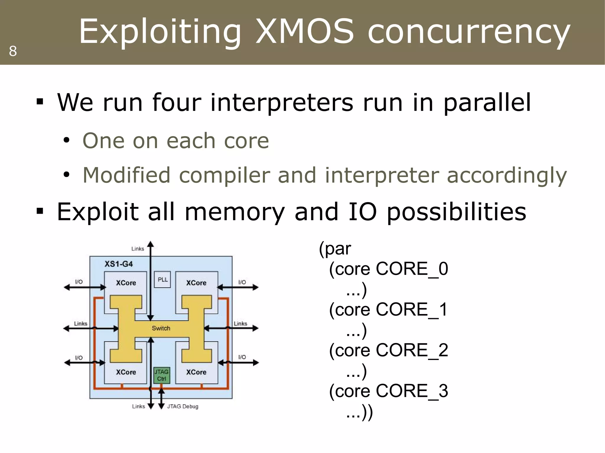 8
            Exploiting XMOS concurrency
    
        We run four interpreters run in parallel
        ●
            One on each core
        ●
            Modified compiler and interpreter accordingly
    
        Exploit all memory and IO possibilities
                                 (par
                                  (core CORE_0
                                    ...)
                                  (core CORE_1
                                    ...)
                                  (core CORE_2
                                    ...)
                                  (core CORE_3
                                    ...))
 