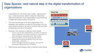 ▪ Using NGSI-LD and smart data models, organizations
(e.g., cities) have been able to break the information
silos and build their smart organizations architecture as
a digital twin based system of systems
▪ The next natural step for an any organization is to
integrate new systems provided by 3rd parties from the
cloud (SaaS solutions) as well as provide data and data
processing services to 3rd parties
▪ However, this requires to address some issues:
• How to trust on third organizations: providers of systems I
want to integrate in my map of systems or consumers of
data and data processing services I plan to offer
• How to be able to use 3rd party services without
registering nor disclosing identity of my own users
(employees, customers, …)
• How to manage acquisition of rights to use services,
eventually implying payment and billing
▪ Data Spaces technologies help to address these issues
1
Data Spaces: next natural step in the digital transformation of
organizations
A
Parks &
Gardens
 
