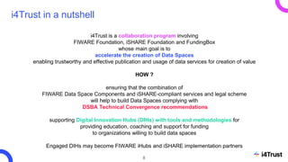 8
i4Trust in a nutshell
i4Trust is a collaboration program involving
FIWARE Foundation, iSHARE Foundation and FundingBox
whose main goal is to
accelerate the creation of Data Spaces
enabling trustworthy and effective publication and usage of data services for creation of value
HOW ?
ensuring that the combination of
FIWARE Data Space Components and iSHARE-compliant services and legal scheme
will help to build Data Spaces complying with
DSBA Technical Convergence recommendations
supporting Digital Innovation Hubs (DIHs) with tools and methodologies for
providing education, coaching and support for funding
to organizations willing to build data spaces
Engaged DIHs may become FIWARE iHubs and iSHARE implementation partners
 