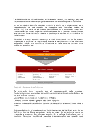 18 - 22
La construcción del posicionamiento es un evento creativo, sin embargo, requiere
un proceso racional anterior que genera el marco de referencia para su definición.
No es un sueño o fantasía, tampoco la visión y misión de la organización; es el
reconocimiento de una escalera de conceptos (con diferentes niveles de
abstracción) que parte de los valores permanentes de la institución y llega con
consistencia a los planes estratégicos institucionales. Es el concepto que representa
a la identidad de la institución y desde el que luego se establecerá la comunicación
de la imagen.
Identidad e imagen estarán presentes a nivel institucional, en las facultades,
programas y servicios, se comunicará interna y externamente a las diferentes
audiencias, crearán una experiencia consistente en cada punto de contacto entre
institución y audiencias.
Cuadro 8 - Escalera de definiciones
Es importante tener presente que el posicionamiento debe expresar,
fundamentalmente, una ventaja competitiva emocionalmente relevante. Esto es así
por una serie de razones:
Las ventajas funcionales son rápidamente imitables
La oferta racional tiende a generar bajo valor agregado
Nuestros procesos de decisión dan derecho de precedencia a las emociones sobre la
razón
Instrumentalmente, el posicionamiento deberá pasar por varios filtros antes de ser
definitivo. Dichos filtros consideran tanto su nivel de consistencia como su
respuesta a aspectos discrecionales propios de la cultura institucional que lo
contiene. Asimismo, considerará aspectos organizacionales que servirán para
Propuesta de valor
Valores
Objetivos a largo plazo
Idea
Estrategia
Medición, acción y control
Identidad e
imagen
institucional
Marketing de
facultades,
departamentos o
programas
Comunicaciones
externas e
internas
Aplicaciones en
entornos físicos y
“online”
Propuesta de valor
ValoresValores
Objetivos a largo plazoObjetivos a largo plazo
IdeaIdea
EstrategiaEstrategia
Medición, acción y control
Identidad e
imagen
institucional
Marketing de
facultades,
departamentos o
programas
Comunicaciones
externas e
internas
Aplicaciones en
entornos físicos y
“online”
Medición, acción y control
Identidad e
imagen
institucional
Marketing de
facultades,
departamentos o
programas
Comunicaciones
externas e
internas
Aplicaciones en
entornos físicos y
“online”
 